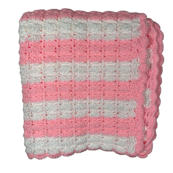 Handmade Crochet Baby Blanket Afghan Pink & White 29"x42" - Picture 1 of 7